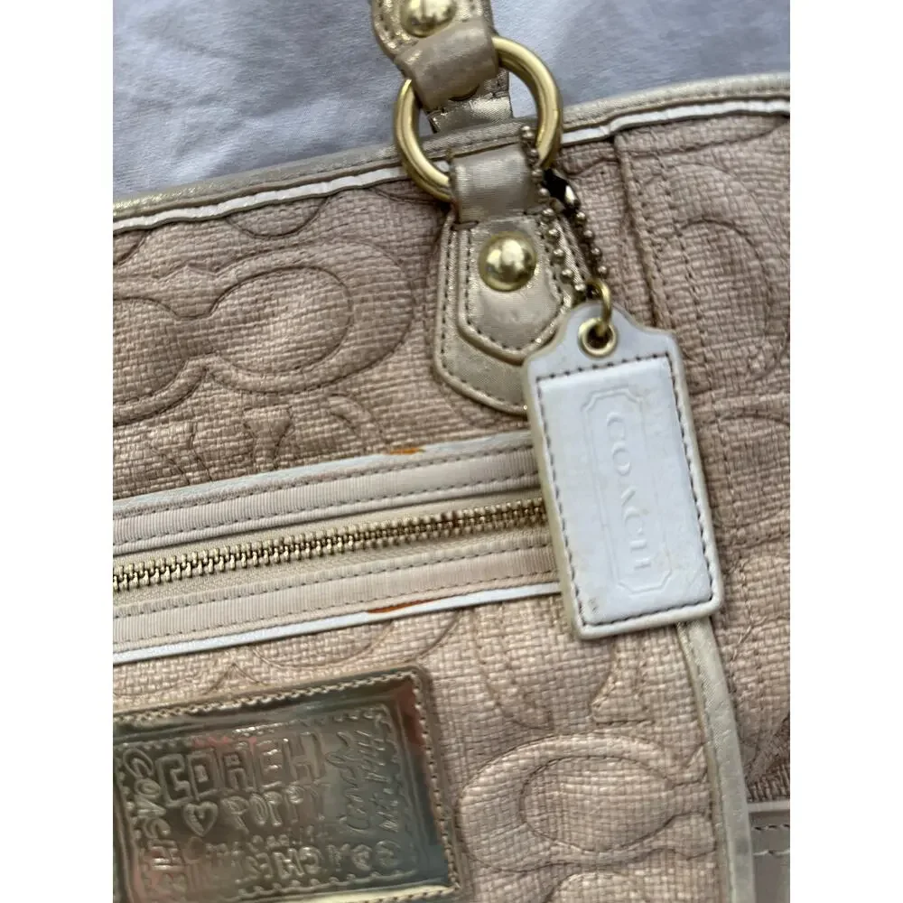 Coach Natural Signature Canvas & Metallic Gold Poppy Tote Bag GS
